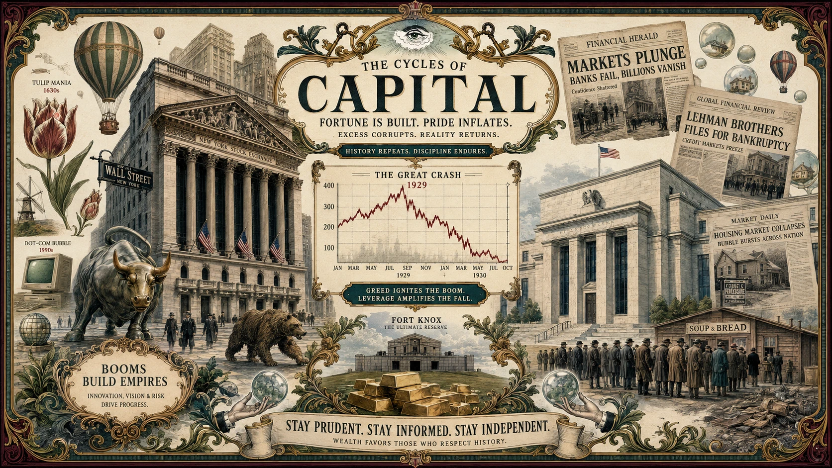 The Cycles of Capital -- a poster of Wall Street, the bull and bear, Fort Knox, and market history from tulip mania to the 2008 crash. Click Wall Street for all companies, Fort Knox for the watchlist, or the gold to sign in.